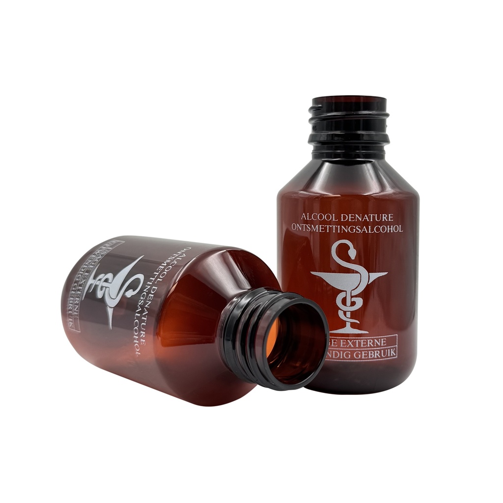 Fles PET bedrukt Ontsmettingsalcohol veral bruin 100mL din28 per 50