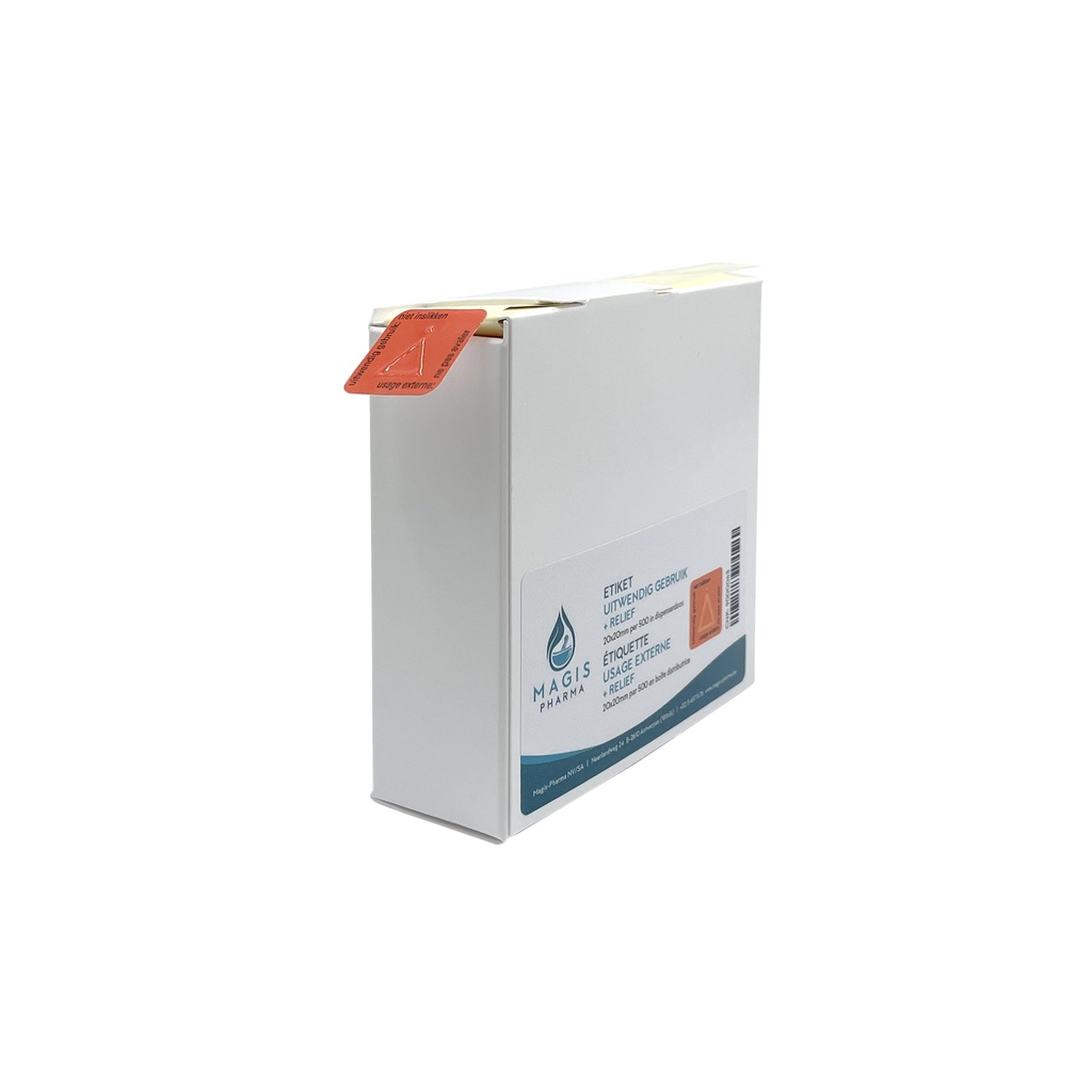 Etiket "uitwendig gebruik" + reliëf 20x20mm per 500 in dispenserdoos