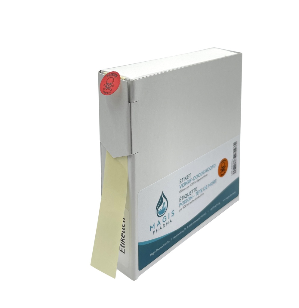 Etiket "vergif - doodshoofd" D13mm per 500 in dispenserdoos