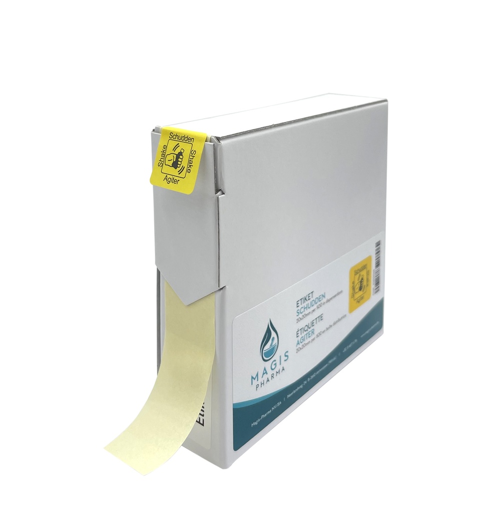 Etiket "schudden" 20x20mm per 500 in dispenserdoos